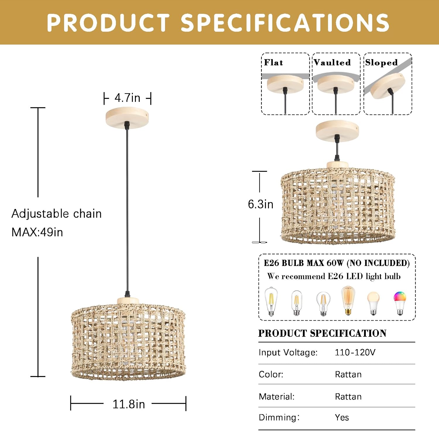 Hand-Woven Rattan Pendant Light, 11.8" Bohemian 1-Light Natural Wicker Hanging Lighting Fixture Ceiling Farmhouse Basket Hanging Lamp Chandelier for Kitchen Island, Living Dining Room