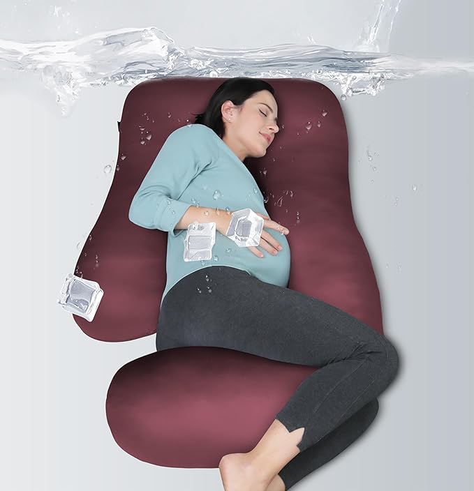 MOON PARK Pregnancy Pillows for Sleeping - U Shaped Full Body Maternity Pillow with Removable Cover - Support for Back, Legs, Belly, HIPS - 57 Inch - Burgundy - Cooling Cover