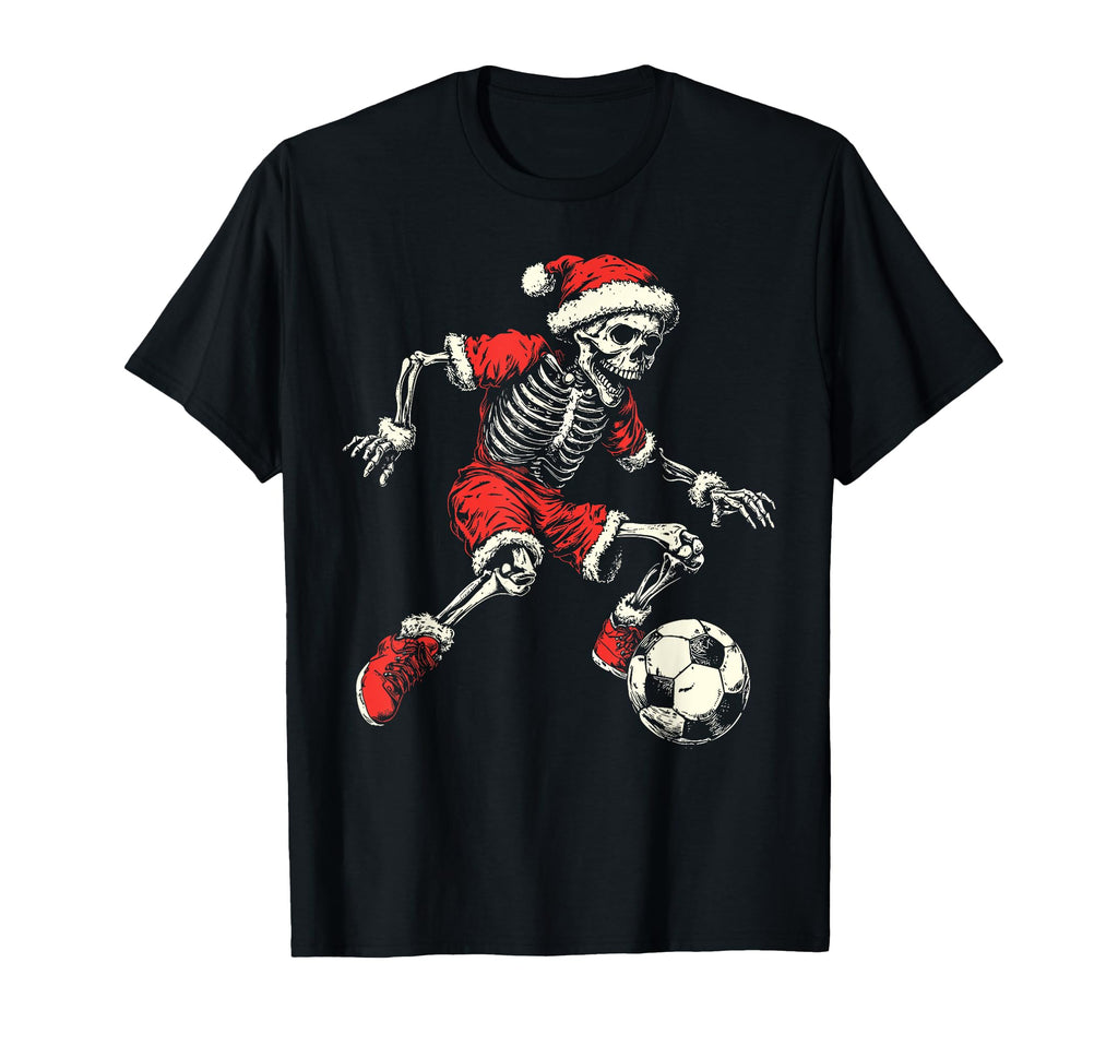 Santa Skeleton Playing Soccer Funny T-Shirt - Fun Novelty Design Men Women