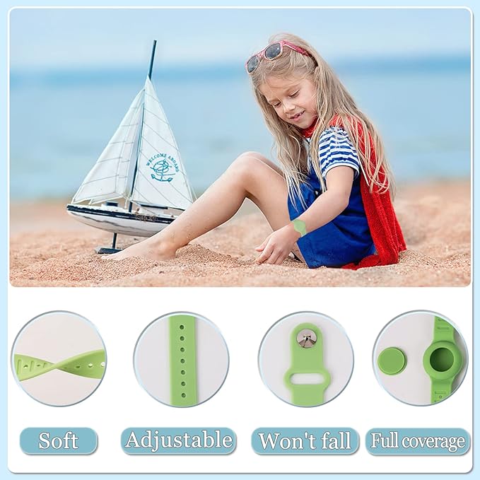 Kids Waterproof Airtag Bracelet Compatible with Apple AirTag, Hidden Silicon Protective Case for Air Tag GPS Tracker Holder, Adjustable Anti-Lost Watch Band for Toddler Child (Pink & Green)