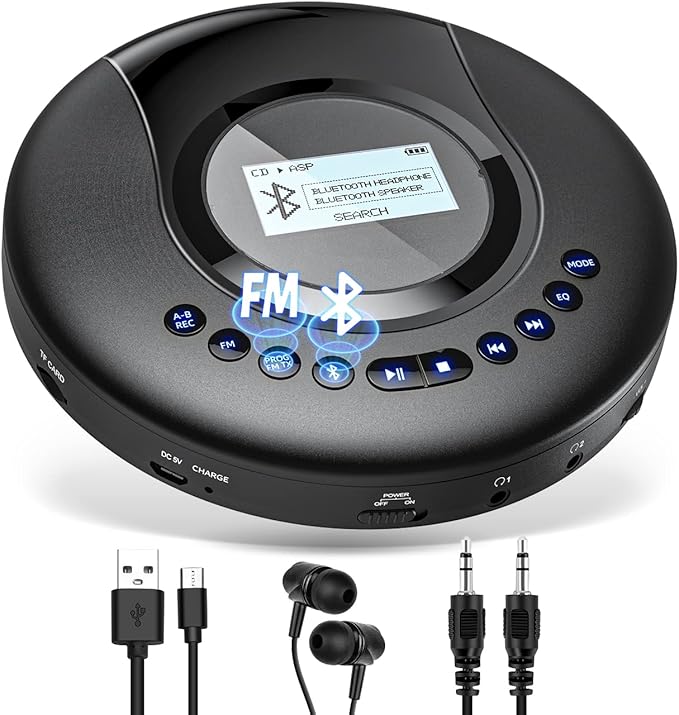 ARAFUNA Portable CD Player Bluetooth with FM Radio, 2000mAh Rechargeable CD Player for Car with LCD Screen, Anti Shock Protection Compact Player with Headphone, AUX Cable