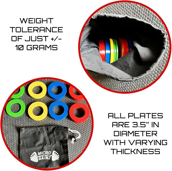 Micro Gainz Calibrated Fractional Weight Plates Set, 8 Piece Olympic Weight Plates Set with Bag, Designed for Olympic Barbells for Strength Training and Micro Loading, Made in USA