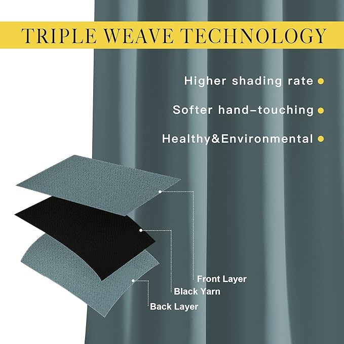 NICETOWN Bedroom Blackout Curtains Panels - Triple Weave Energy Saving Thermal Insulated Solid Grommet Blackout Draperies for Patio, 1 Pair, Greyish Blue, W52 x L95 Inch
