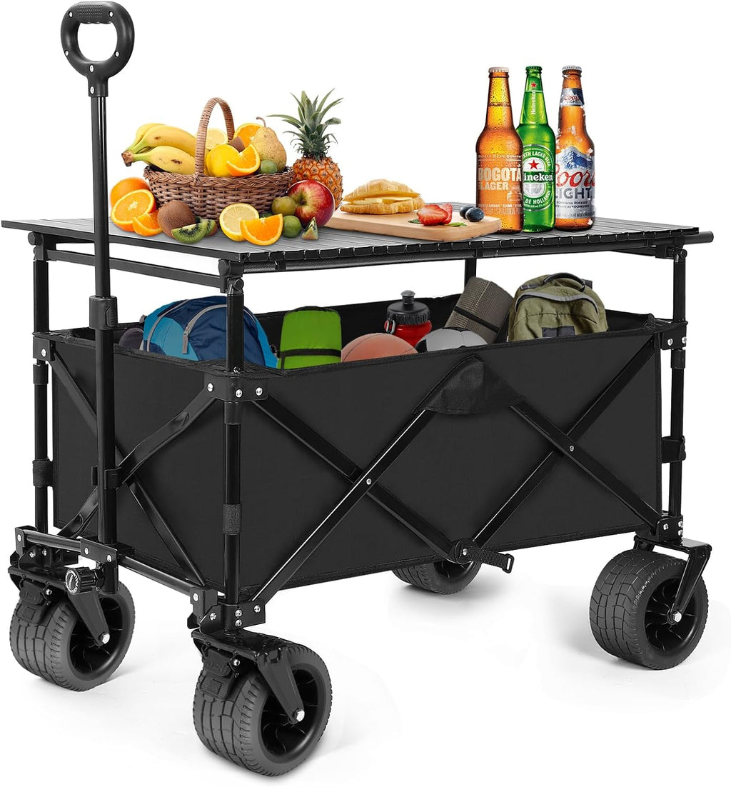 Collapsible Wagon with Table, Large Capacity Foldable Wagons Carts, Beach Wagon with Big Wheels, Heavy Duty Beach Car Utility Wagon for Outdoor Park, Shopping, Sports, Camping, Garden