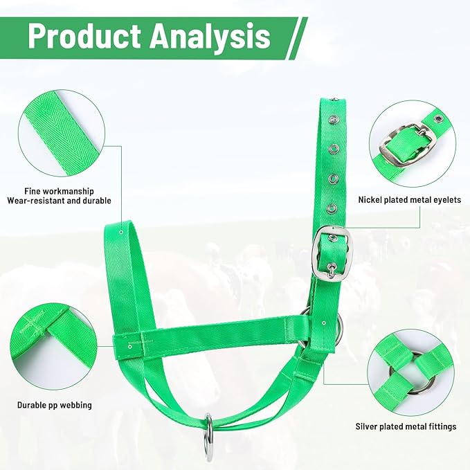 XUANNIAO Easily Adjustable Figure 8 Cow Halter, Double-Ply Premium Livestock Cattle Halters, Colorful Cow Utility Calf Halter with Leading Rope for Miniature Horse Donkey Goat Foal (Medium, Green)