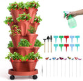 Vertical Planter, 5 Tier Stackable Strawberry Planter with Garden Tool Set, Movable Indoor/Outdoor Garden Herb Pot for Growing Vegetables and Succulents, Red