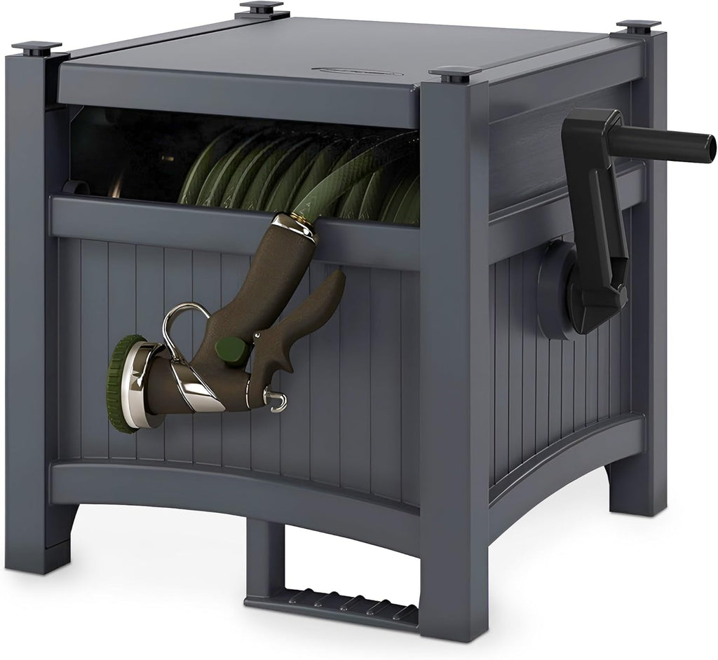 Suncast Garden Hose Hideaway Storage Reel Box, Cyberspace Grey – Resin Outdoor Container, Holds up to 100 Feet of 5/8 Inch Standard Vinyl Water Line – No Assembly Required