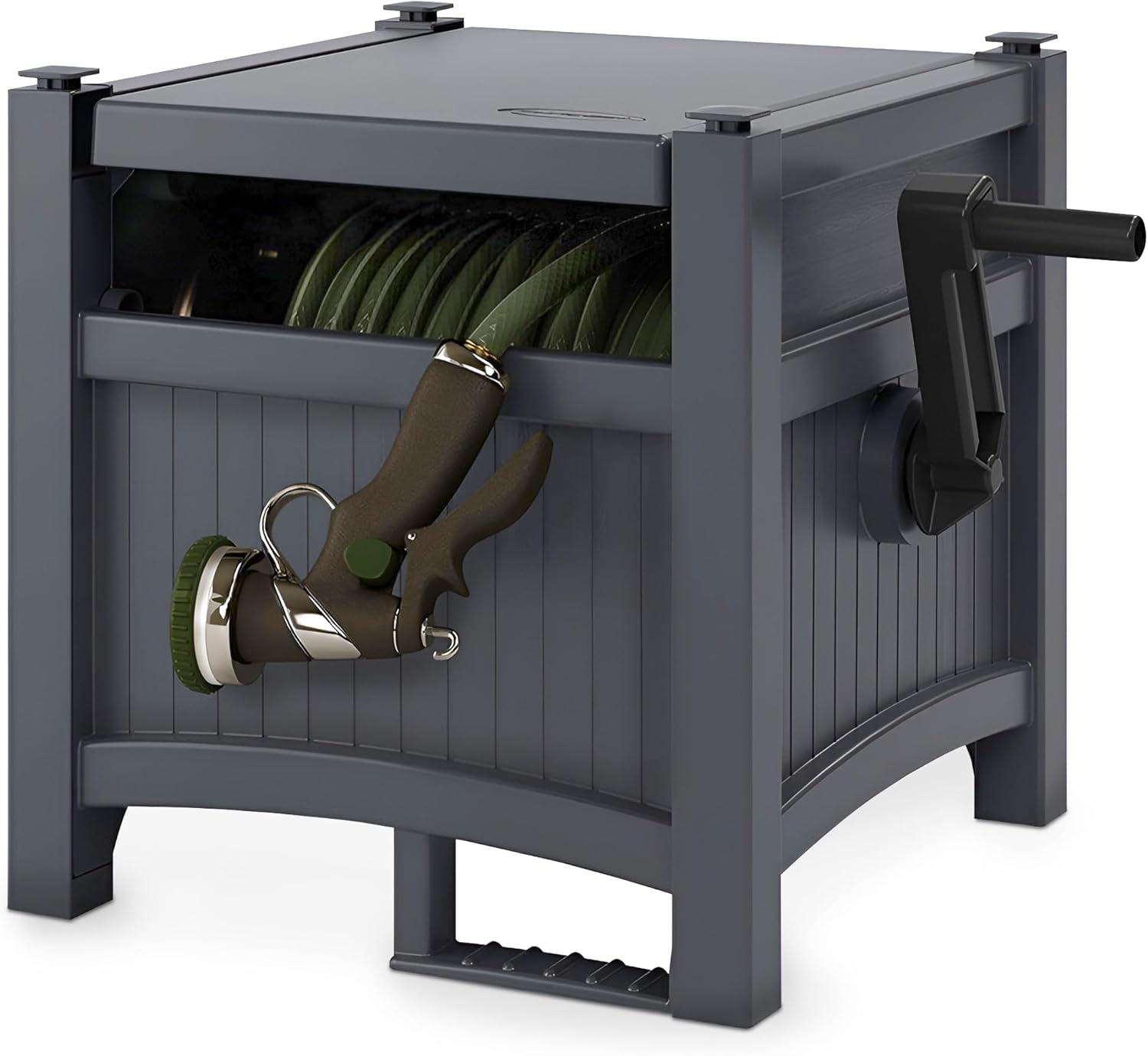Suncast Garden Hose Hideaway Storage Reel Box, Cyberspace Grey – Resin Outdoor Container, Holds up to 100 Feet of 5/8 Inch Standard Vinyl Water Line – No Assembly Required