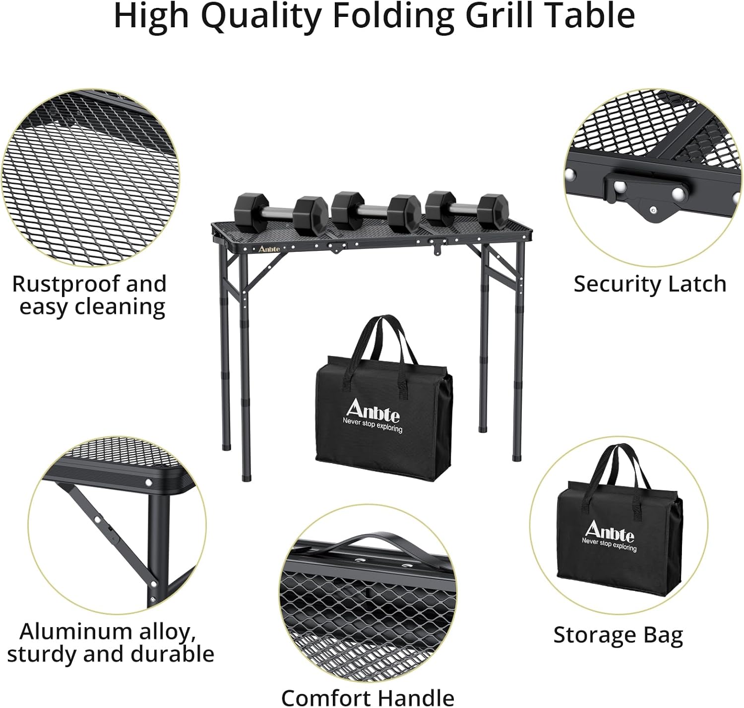Folding Grill Table, Aluminum Camping Table Adjustable Height Max 27.5" Picnic Table Outdoor Table, Lightweight, Portable Handle for Travel Cooking BBQ Picnic, 35" x 16", Black