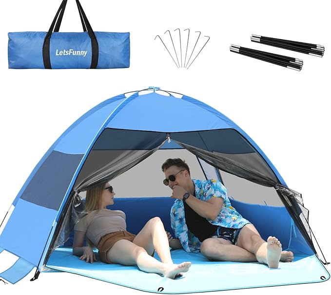 Large Easy Setup Beach Tent,Anti-UV Beach Shade Beach Canopy Tent Sun Shade with Extended Floor & 3 Mesh Roll Up Windows Fits 3-4 Person,Portable Shade Tent for Outdoor Camping Fishing