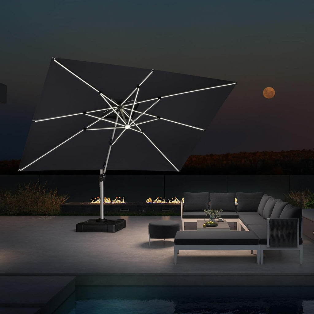 PURPLE LEAF 10' X 13' Double Top Deluxe Solar Powered LED Rectangle Patio Umbrella Offset Hanging Umbrella Outdoor Cantilever Umbrella, Grey