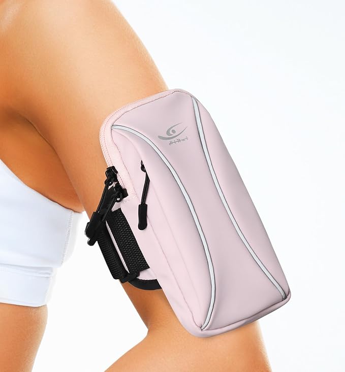 HiRui Arm Bag & Wrist Bag Phone Holder, Sports Running Armband for Gym, Cycling & Workout, Compatible with iPhone 16/15/14 Series, Samsung Galaxy & More, Reflective, Adjustable, Secure Fit (Pink)
