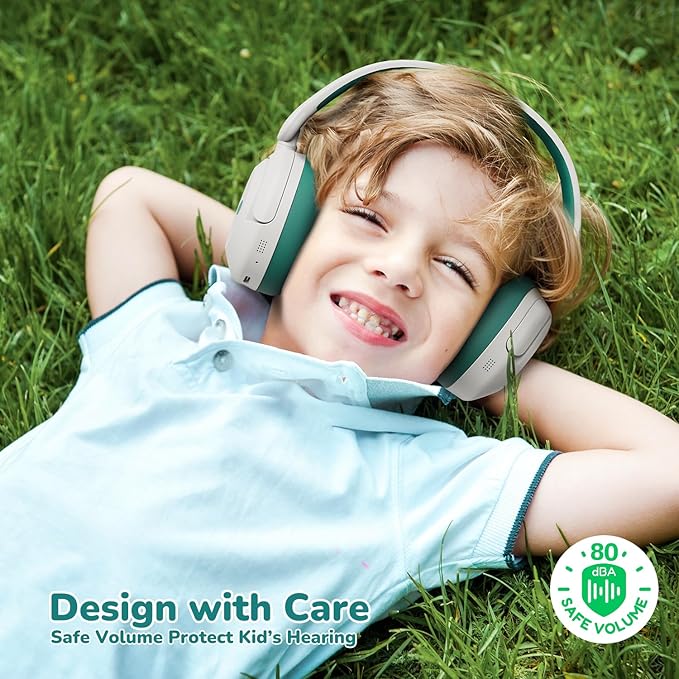 iClever BTH20 Active Noise Cancelling Headphones for Kids, 60H Play Time,Type C Fast Charging,Safe Volume 80dBA,Bluetooth5.4,Award-Winning Kids Headphones Wireless for iPad Tablet Airplane,White&Green