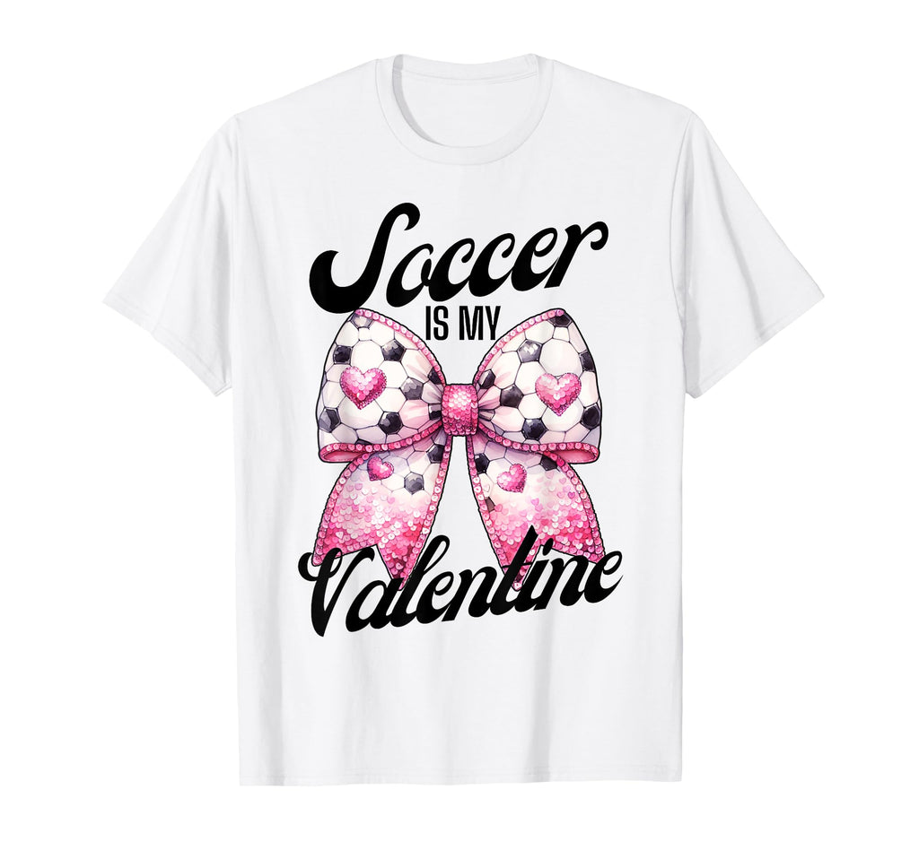 Soccer Is My Valentine Coquette Bow T-Shirt - Minimalist Print for Adults