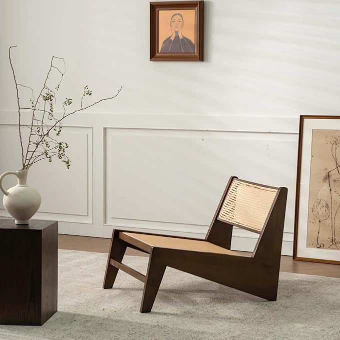 Mid-Century Accent Chair, Rattan Lounge Chair for Living Room, Boho Side Corner Comfy Chair for Bedroom and Balcony, Walnut