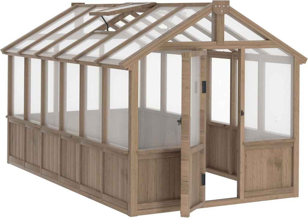 Mupater 6'x12' Wooden Polycarbonate Greenhouse,Outdoor with Ventilated Window and Lockable Door, Walk-in Greenhouse for Backyard, Patio, Lawn, Brown