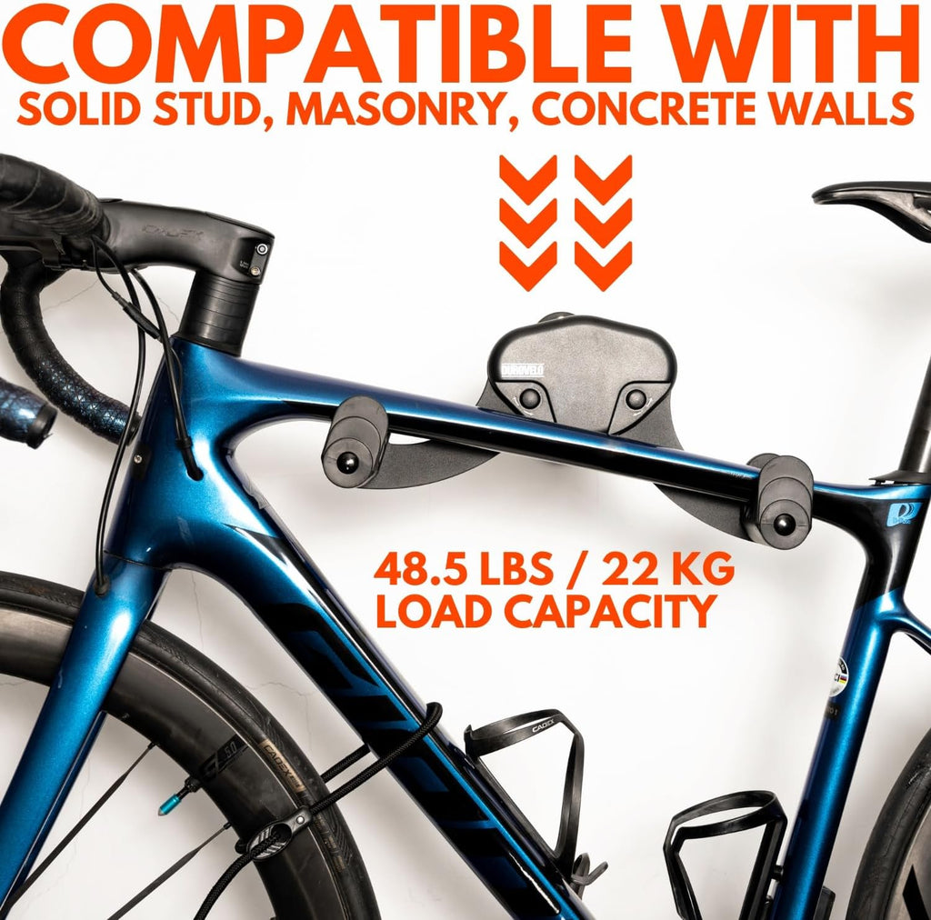 Bike Wall Mount - Horizontal Wall Hanger, Adjustable Design for Road, Mountain and Hybrid Bikes up to 48.5 lbs - Space-Saving Bike Rack for Garage or Apartment - Sturdy Indoor Bicycle Storage (2 Pack)