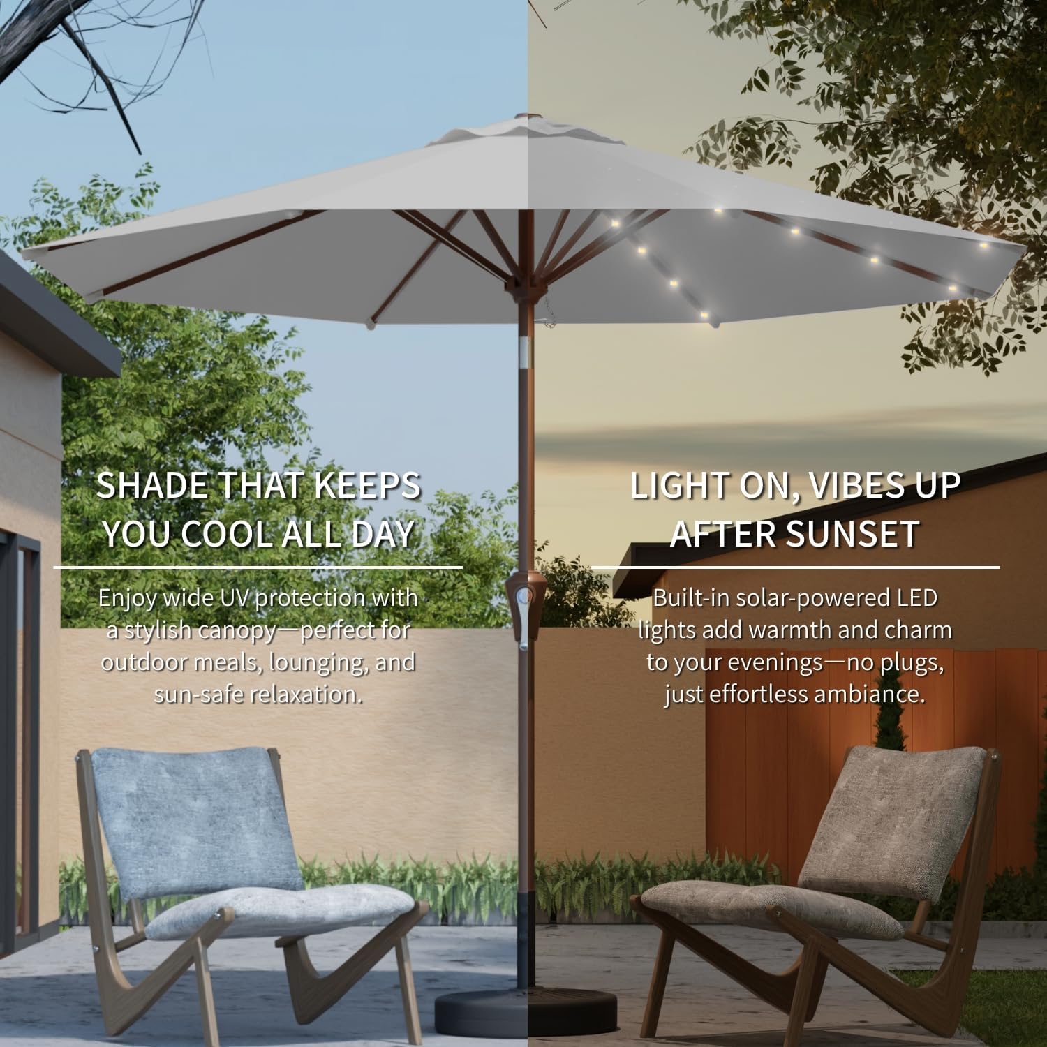 9FT Solar Umbrella 32 LED Lighted Patio Umbrella Table Market Umbrella w/Tilt and Crank, UV-Resistant Outdoor Umbrella for Pool, Garden, Deck, Light Gray