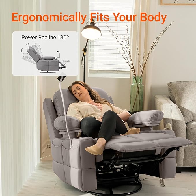 Rocking Chair Nursery with Adjustable Armrests, Electric Glider Recliner Nursing Chair for Breastfeeding, Power Swivel Recliner Chairs with USB Port and Storage, FSC Certified (Haze)