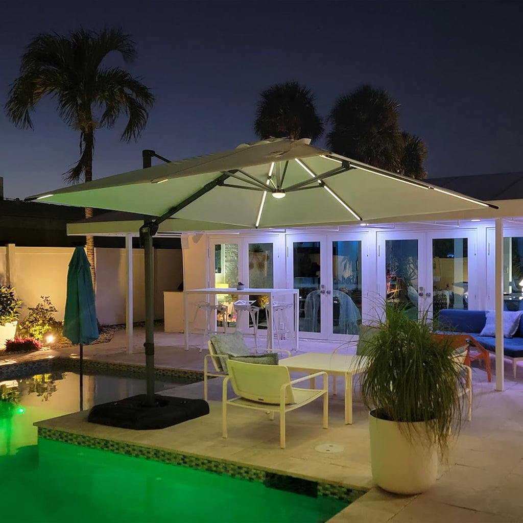 PURPLE LEAF 10 Feet Patio Umbrella Outdoor Cantilever Solar Powered LED Square Umbrella Aluminum Offset Umbrella with 360-degree Rotation for Garden Deck Pool Patio, Beige