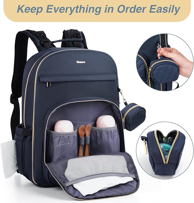 MOMUVO Diaper Bag Backpack, Quilted Baby Bag with Changing Pad & Stroller Straps & Pacifier Case, Large Travel Diaper Bags for Mom Dad, Blue