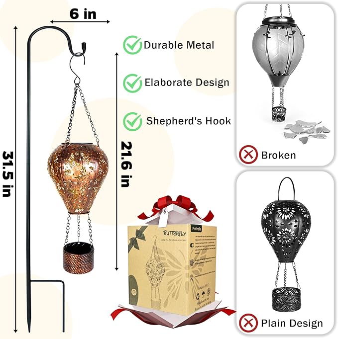 2-Pack Butterfly Decor Hot Air Balloon Solar Lantern – Outside Decorative Hanging Light for Garden Yard Patio Porch Lawn and Pathway – Unique Housewarming, Birthday Gift for Women Mom Grandma