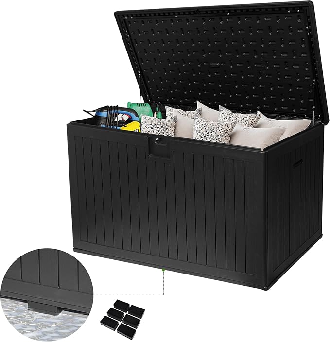 260 Gallon Outdoor Storage Box Waterproof, Extra Large Plastic Outside Deck Box Weatherproof, Resin Patio Storage Bin with Lock and Lids for Pool Equipment, Cushion, Black