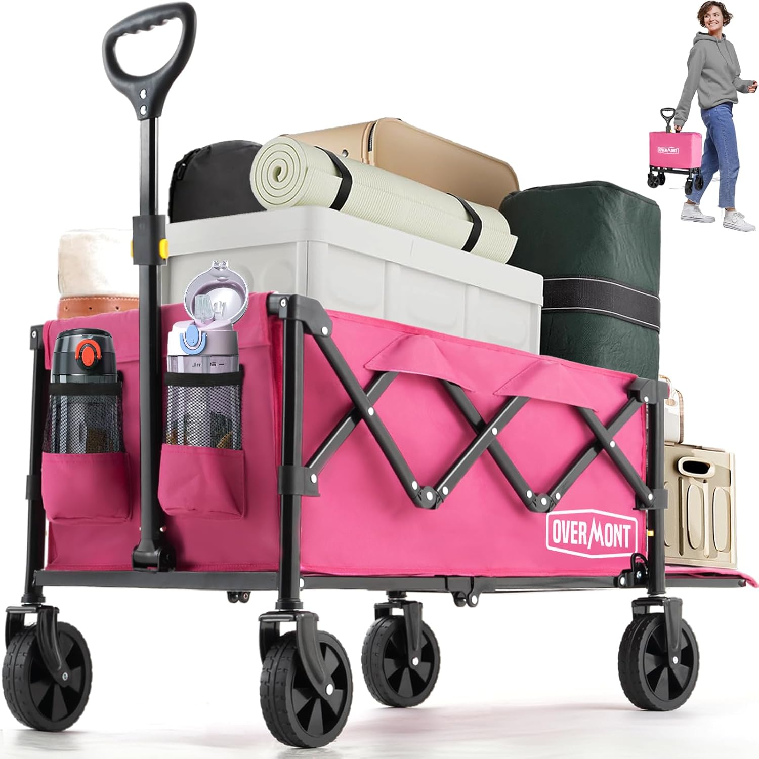 OVERMONT Collapsible Wagon with Tailgate - 220lbs Extended Lightweight Foldable Utility Wagons Folding Cart with Wheels - Small Garden Grocery Cart for Shopping,Grocery,Sports,Garden