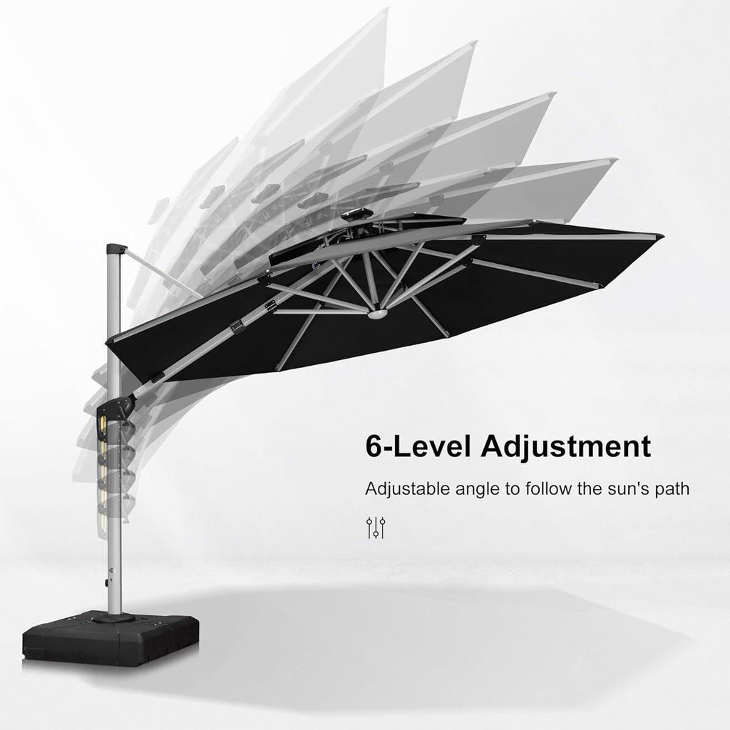 PURPLE LEAF 12ft Patio Umbrella With Base Solar powered LED Cantilever Umbrella with LED lights Windproof Outdoor Offset Umbrella for Garden Deck Pool Patio, Navy Blue