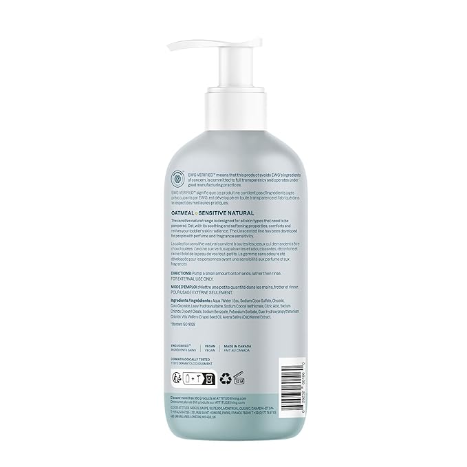 ATTITUDE 2-in-1 Shampoo and Body Wash for Baby, EWG Verified, Plant- and Mineral-Based Ingredients, Vegan and Cruelty-Free Products for Sensitive Skin, Unscented, 16 Fl Oz