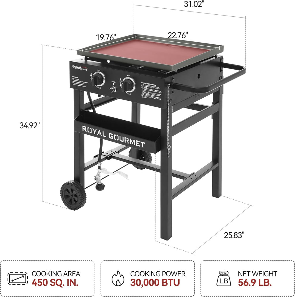 Royal Gourmet GB2000N 2 Burner Propane Gas Griddle, 23 Inch Flat Top Grill with 450 Sq. In. Cooking Area for Backyard and Tailgating, Black