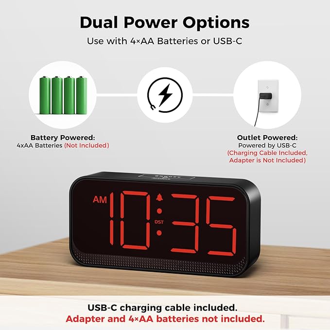 Battery Operated Digital Clock: Cordless Small Alarm Clock for Bedroom Travel - Large Numbers 4 Dimmers for All Ages Red Digits