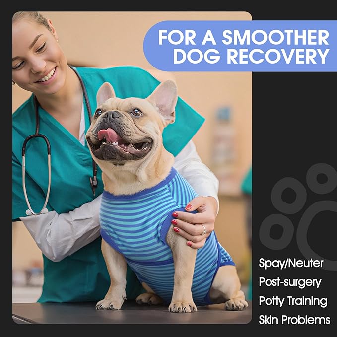 FUAMEY Recovery Suit for Dogs After Surgery,Soft Breathable Dog Bodysuit E-Collar & Cone Alternative Surgical Suit,Male Female Dog Neuter Spay Suits Anti Licking Wounds Onesie Navy Blue Strips L