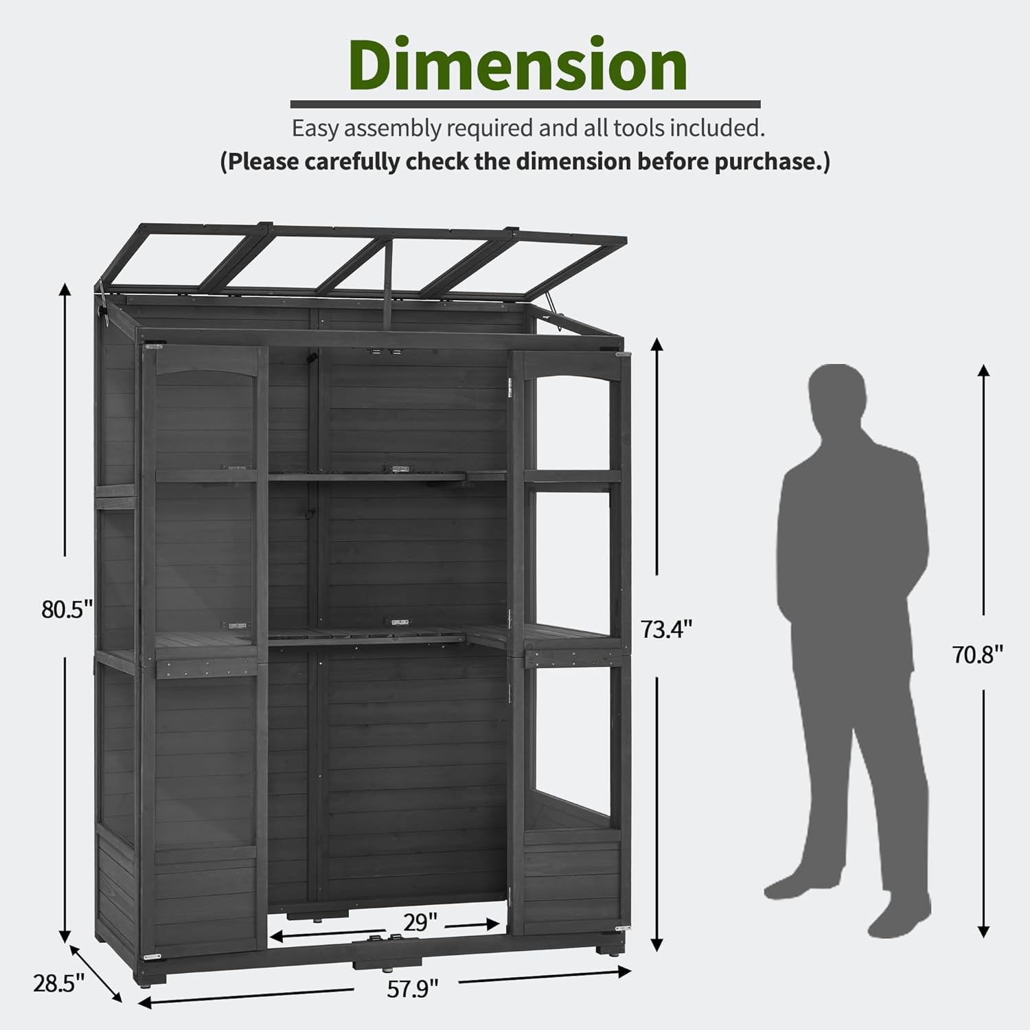 MCombo Wooden Greenhouse, Walk-in Outdoor Greenhouse with Openable Roof and Lockable Door, 0899 (Dark Grey)
