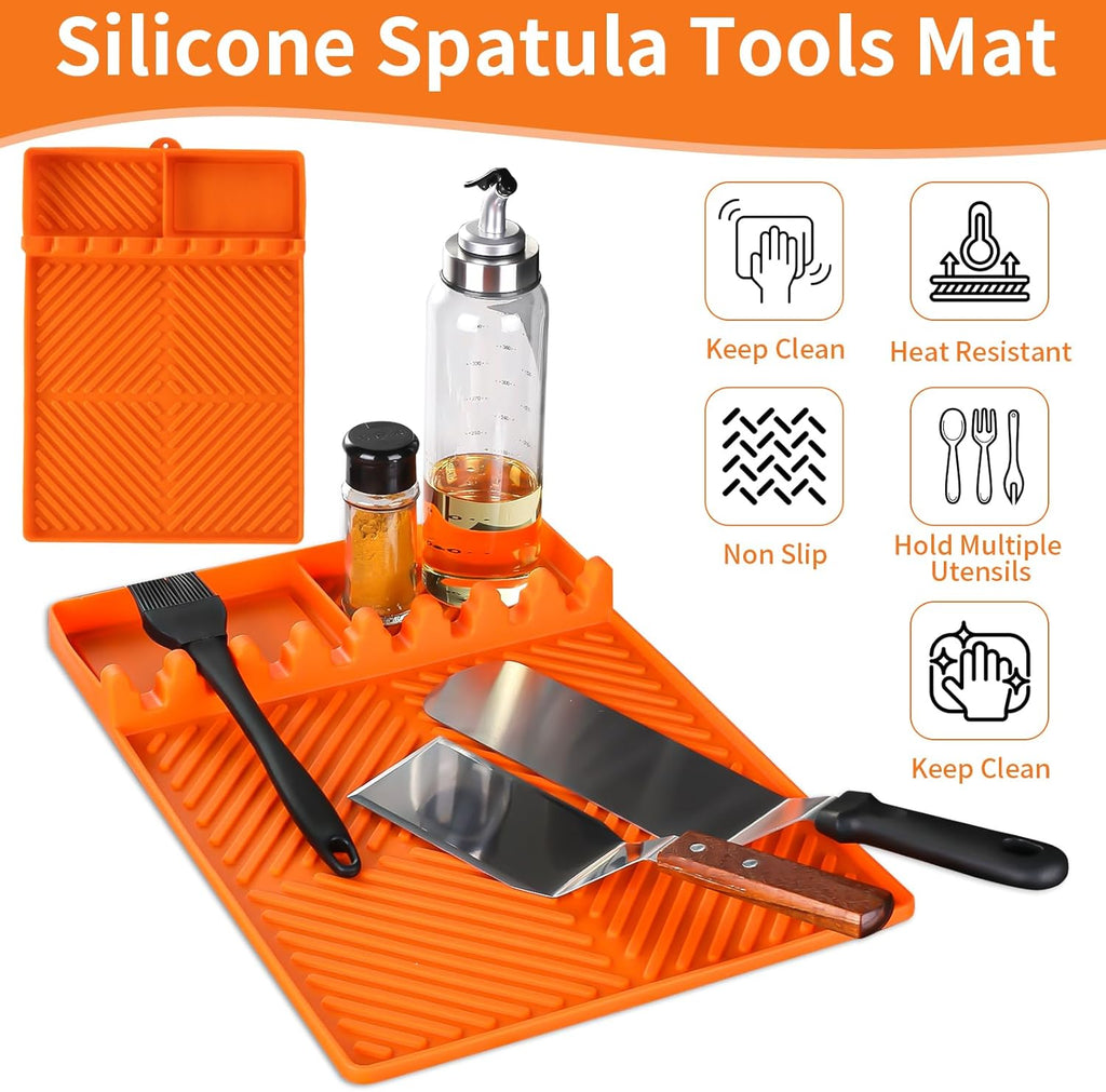 Griddle Mat Barbeque Grill Accessories Tools for Blackstone, Side Shelf Mat Grill Pad for Outdoor Grill Kitchen Counter Spatula Silicone Mat with Drip Pad for Kitchen, Cooking, Countertop (Orange)