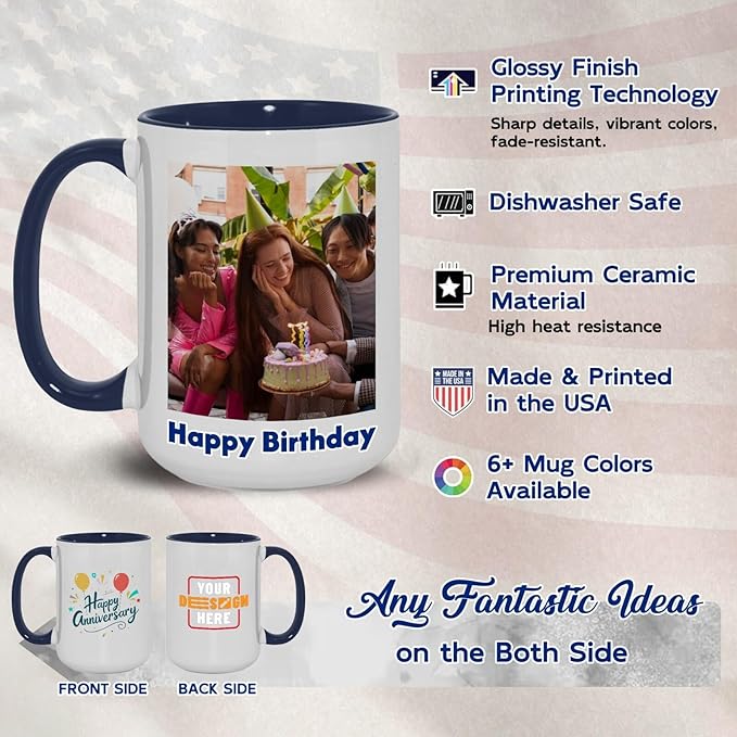 Ship Next Day Custom Mug Design Your Own Photo Text Personalized Picture Gifts for Women Men Customized Gifts Idea Personalized Coffee Mugs 15oz Dark Blue Handle