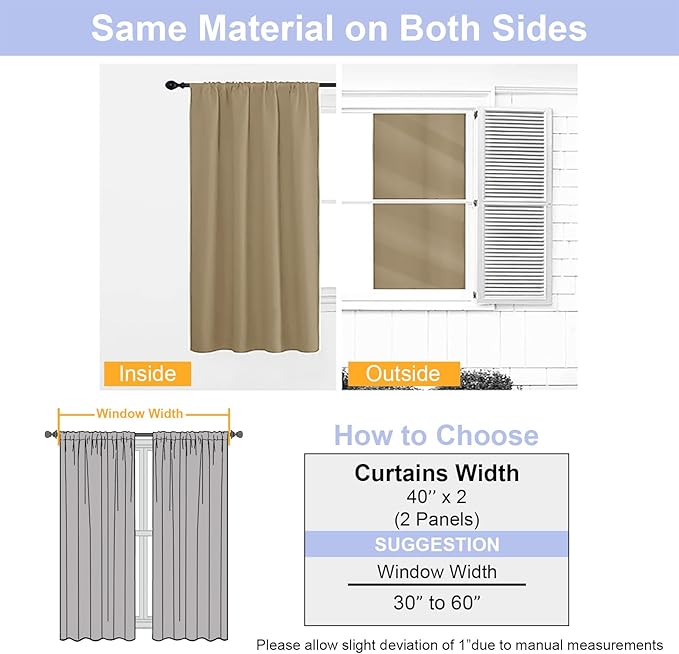 Simplebrand Ava Taupe Short 36 Inches Blackout Curtain 2 Panels Set, Half Window Rod Pocket Privacy Curtain Tiers for Kitchen, Curtains Blackout for Bathroom Shades, W40 x L36 Inch, Taupe
