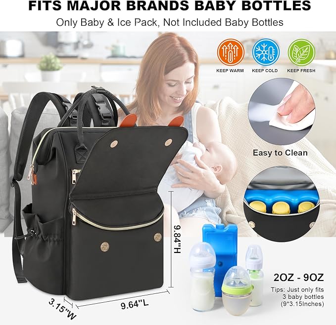 PIIOSER Diaper Bag Tote with Ice Pack, Large Capacity & Waterproof Diaper Bag Backpack for Moms Dads, Insulated Baby Tote Bag with Changing Pad, Stroller Straps & Pacifier Case, Black