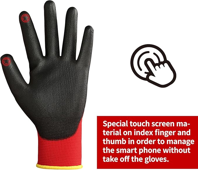 DULFINE Safety Work Gloves PU Coated for Men and Women-12 Pairs,Red Seamless Knit Glove with Two Fingers Touchscreen,Ideal for General Duty Work (Small)