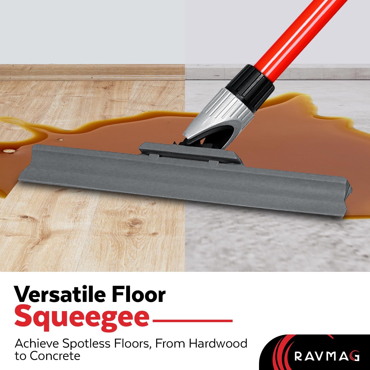 Silicone Floor Squeegee with 55-Inch Long Handle, 12-Inch Single Cast Silicone Blade, 360° Swivel Joint - Multifunction Floor Squeegee for Garage, Concrete Floor, Shower Floor, Glass Windows