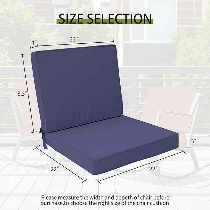 Outdoor Deep Seat Cushion Set 22" x 22", Water Repellent & Fade Resistant Cushion for Patio Furniture, Back & Seat Cushion with Removable Covers for Sofa, Couch, Navy