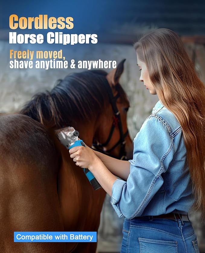 oneisall Cordless Horse Clippers,Professional Horse Grooming Clippers with 2 Batteries,Detachable Stainless Steel Blade Heavy Duty Horse Grooming Kit for Thick Coat