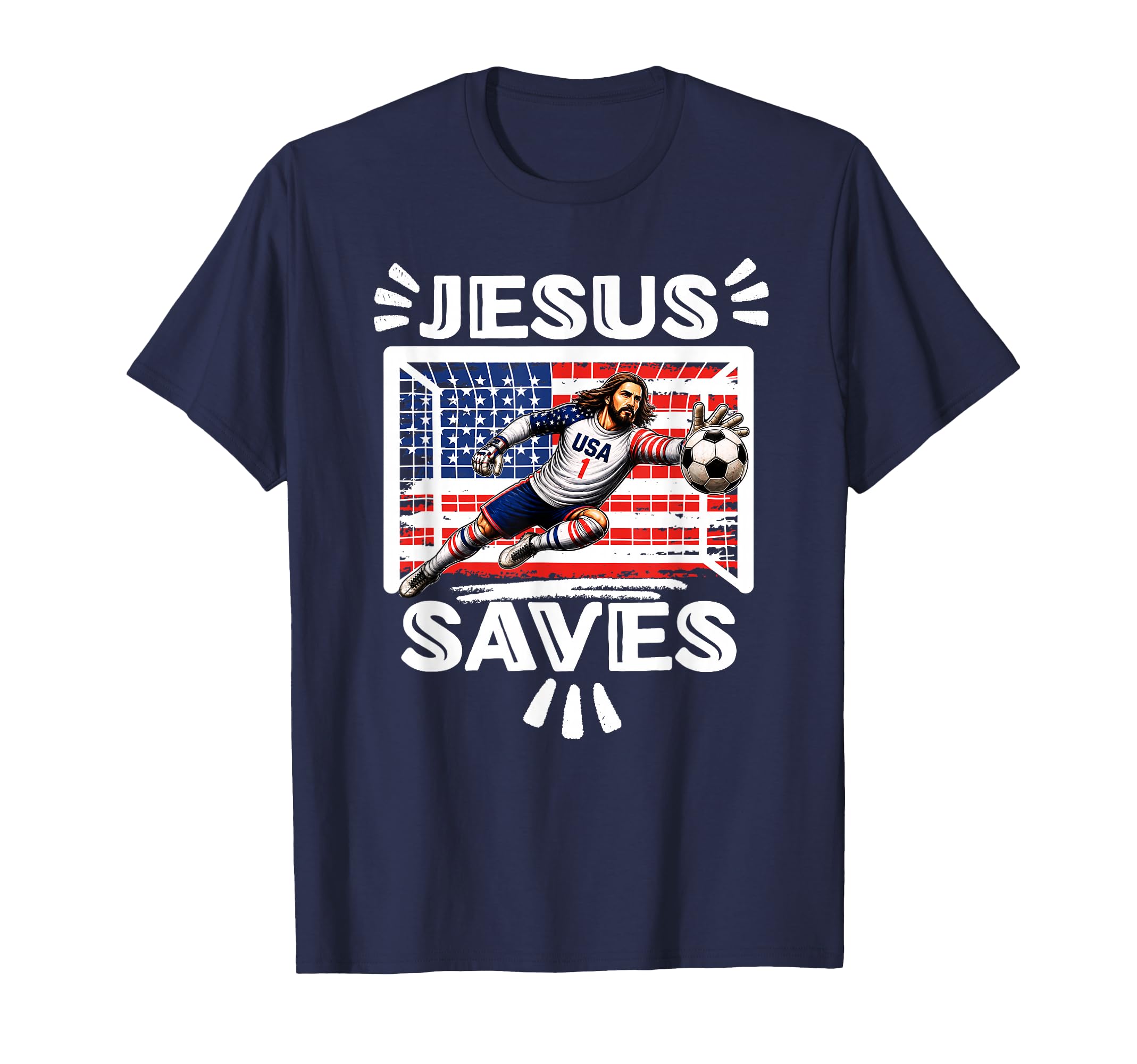 Funny Soccer Jesus Saves Usa Flag T-Shirt - Fun Novelty Design for Adults