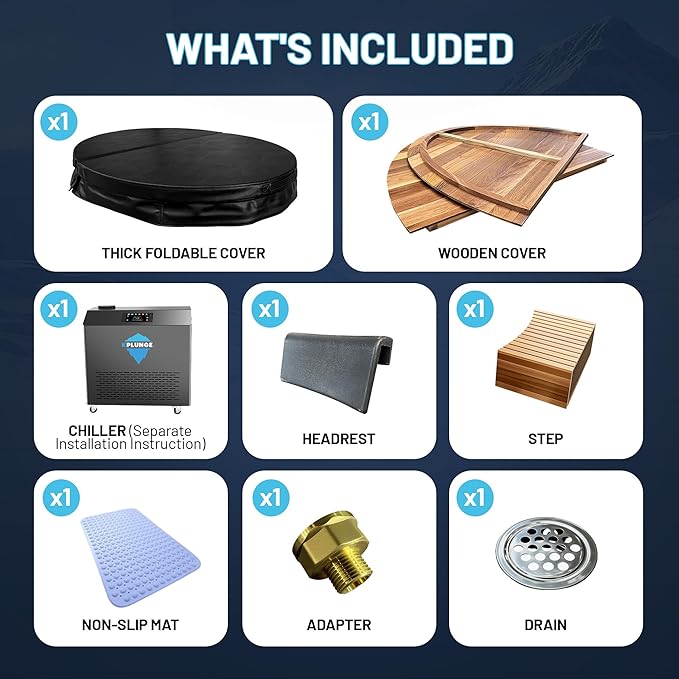 Premium 62-in. Cedar Wood Cold Plunge and Hot Tub with 3/4HP Chiller and Heater | Stainless Steel Tub with Wooden Step, Foldable Cover, Headrest, and WiFi App Control Chiller for Indoor/Outdoor Use