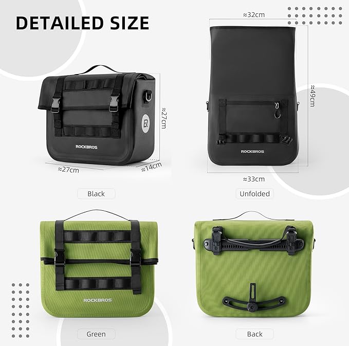 ROCKBROS Bike Panniers 15L Capacity Waterproof Bike Rack Bag Bicycle Panniers for Cycling Commuting Bikepacking Green 2PCS