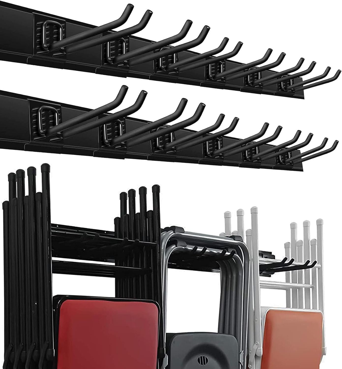 Wallmaster Garage Storage Organization Wall Mount, Garden Tool Rack Organizer Heavy Duty Folding Chair Hangers with 12 Adjustable Hooks 96inch Tracks Max Load 900lb