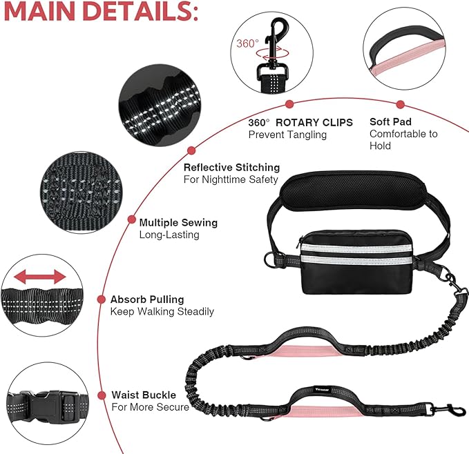 Hands Free Dog Leash, Waist Leash for Dog Walking, Hiking and Running,Adjustable Belt with Double Handle, Dog Leash for Large Dogs and Medium Dogs, Dog Walking Accessories,Tangle Free,No Pull