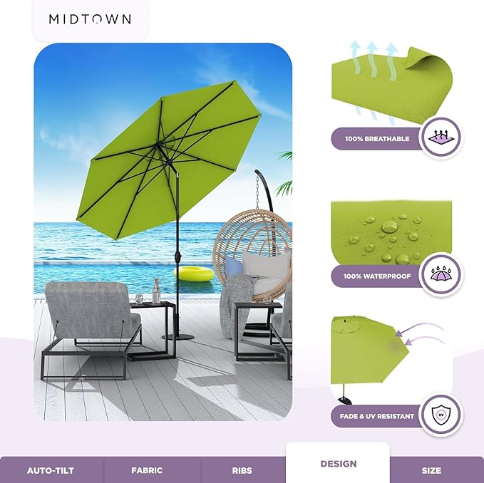 Midtown Umbrellas 10-Year-No-Fade - 8 Ft - UV Proof Pear (Green) Polyester Fabric - Umbrella Outdoor Patio, Auto-Tilt Aluminum Frame Patio Umbrella for Garden, Pool & Deck - Black Pole