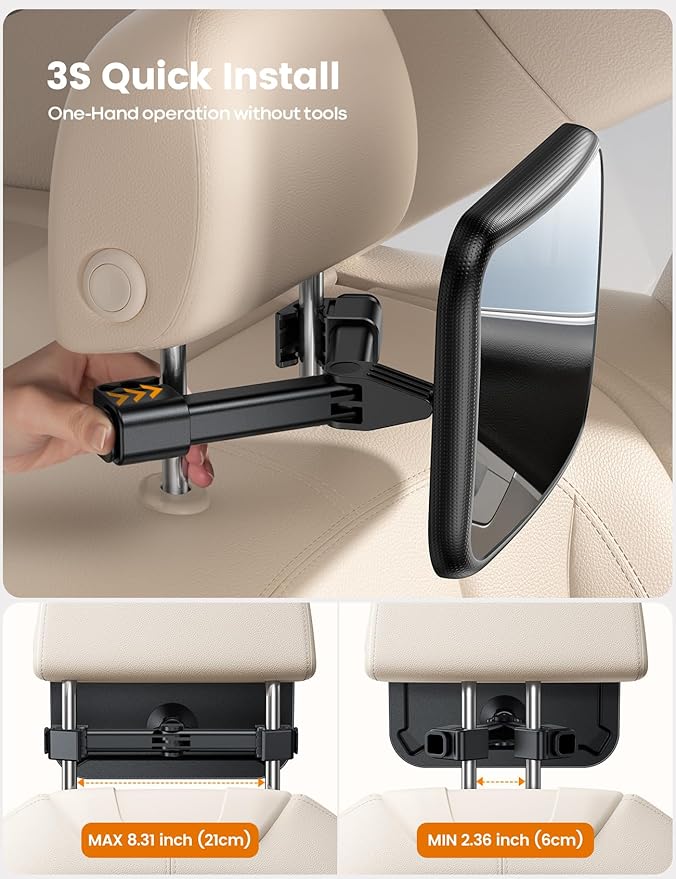 Lamicall Baby Car Mirror for Backseat - [2025 Safest Triangle Hook Clip] Acrylic Car Seat Mirror for Rear Facing, 360° Rotation & Wide Clear View, 3S Quick Install, Newborn Baby Essentials Accessories