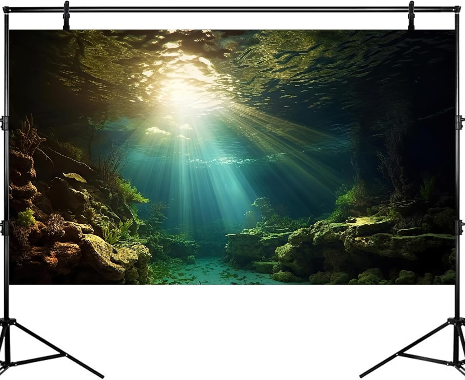 Fish Tank Background Under The Sea Aquarium Background Ocean Floor Sunray Rock Terrarium Backgrounds Coral Reef Aquatic Plants Underwater Cave Aquarium Wallpaper for Fish Tank Decorations 24x16in